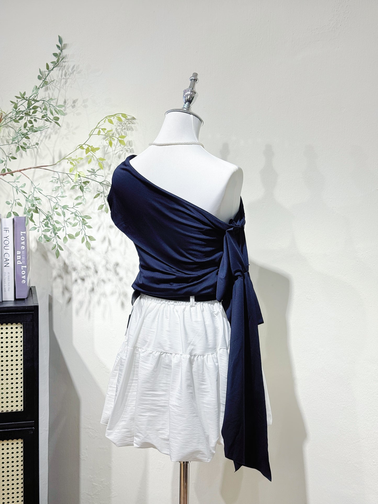 Navy One-Shoulder Ruffle Sleeve Top