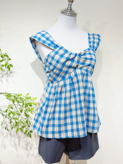 Cotton-Linen Plaid Peplum Top