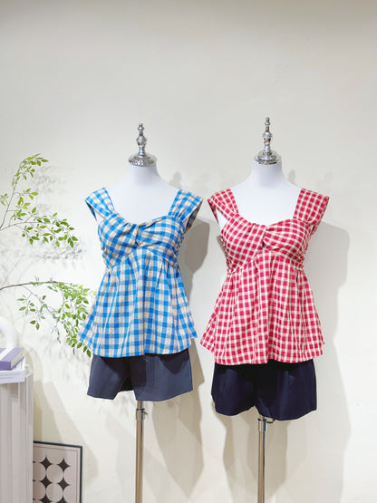 Cotton-Linen Plaid Peplum Top