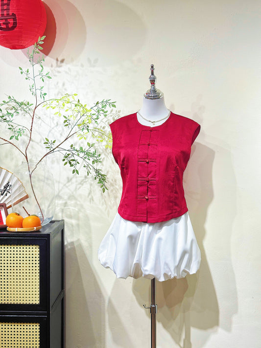 Red Jacquard Satin Sleeveless Blouse