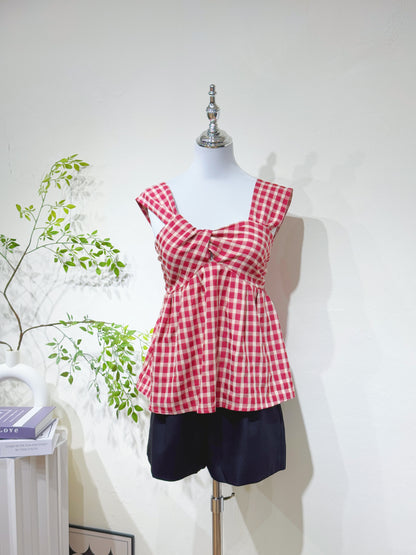 Cotton-Linen Plaid Peplum Top