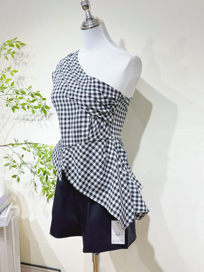 Plaid Slanted Shoulder Top